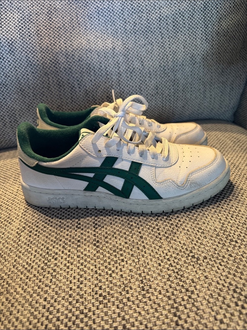 Asics Japan White Sneakers w/ Green Stripes.